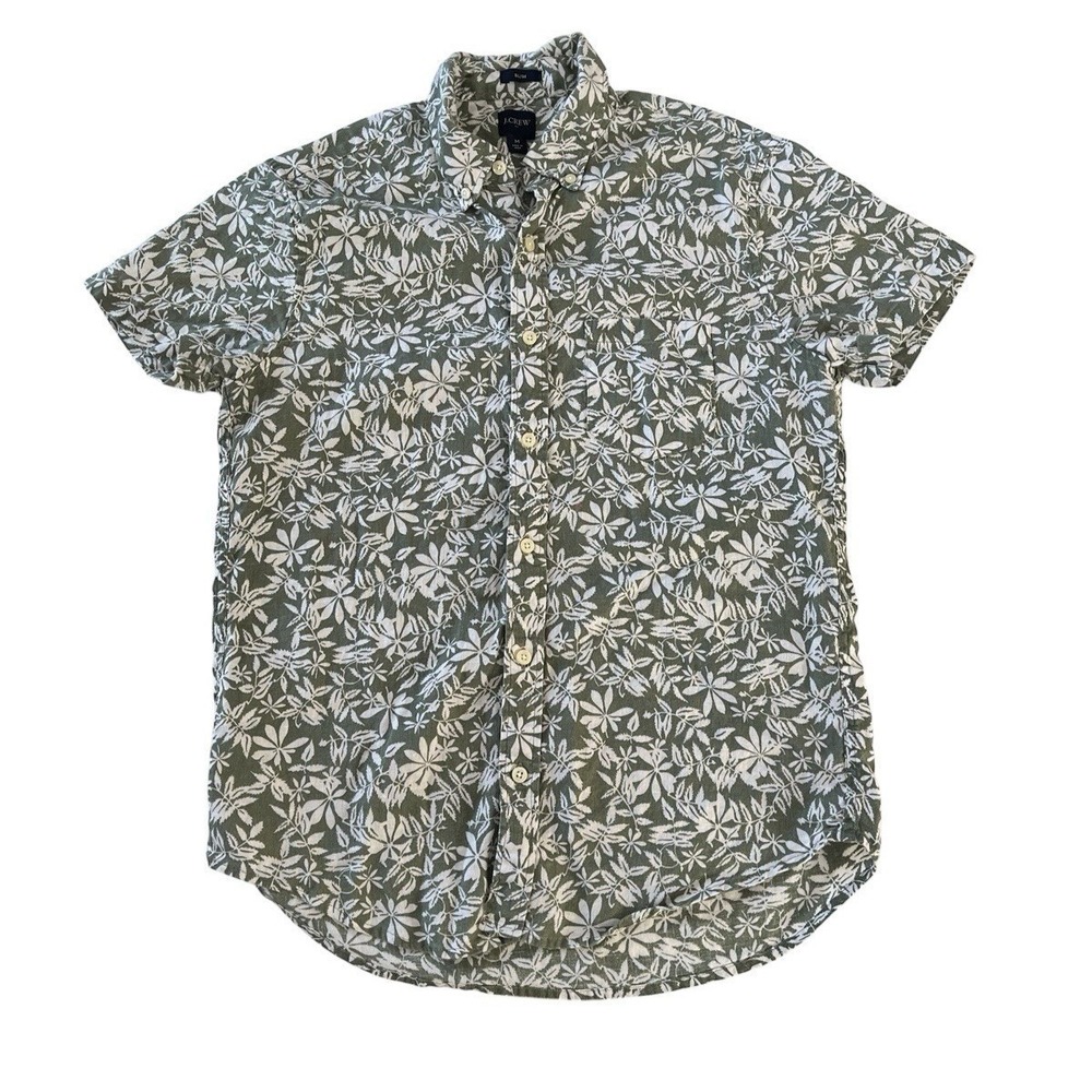 J.Crew Size M Slim Short Sleeve Button‎ Up Green Floral Tropical Linen Cotton